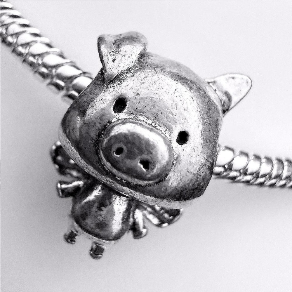 Pandora-like Silver Pig with Wings Bead Charm Fits Snake Chain Bracelet Animal